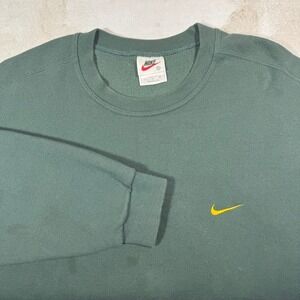 Vintage 90s Nike Swoosh Faded Green Olive Sweater Made in USA Size XL